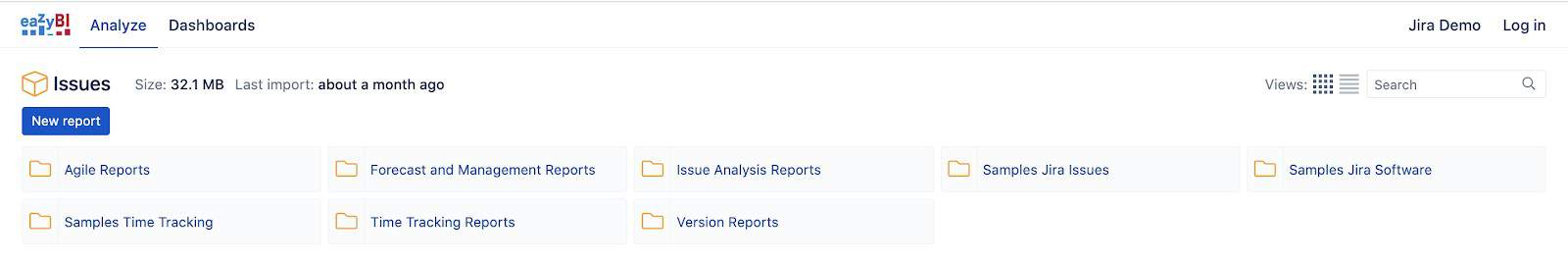 eazybi for jira analyze menu