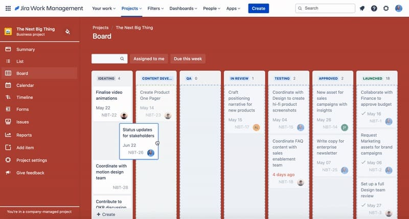 Jira work management board view
