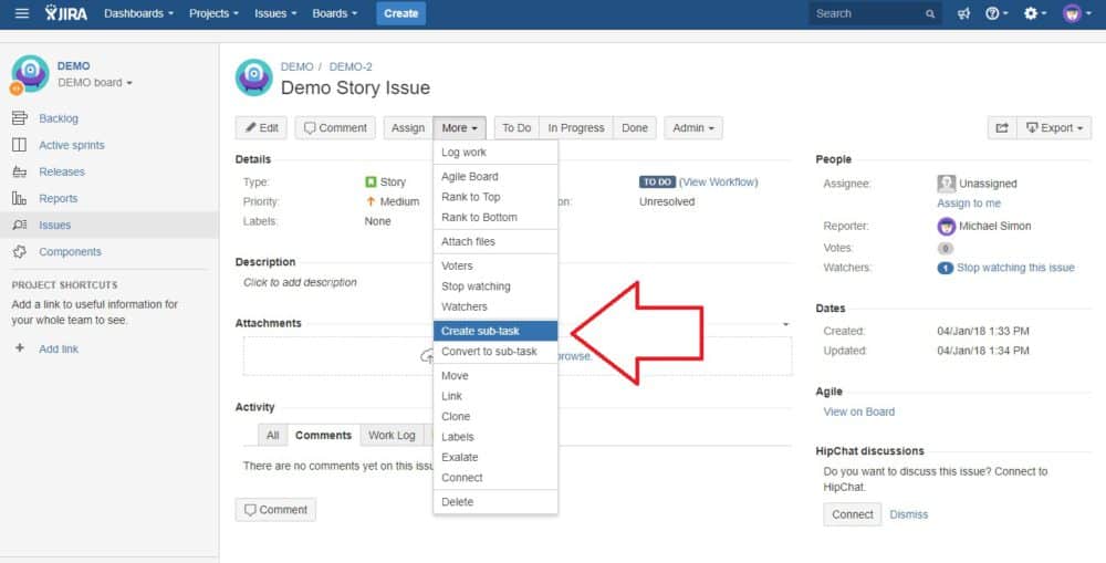 Creating sub-tasks in jira