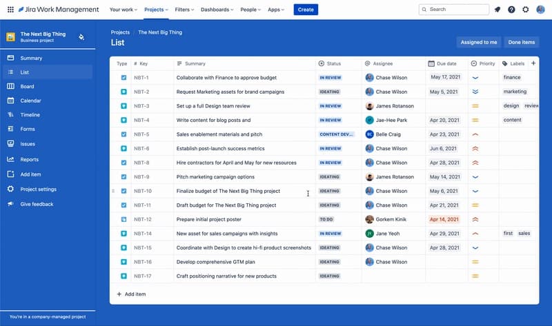 Jira work management list view