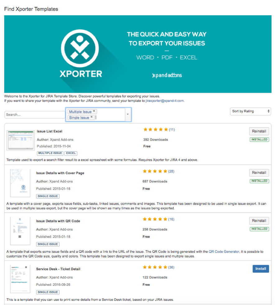 Xporter Jira Templates
