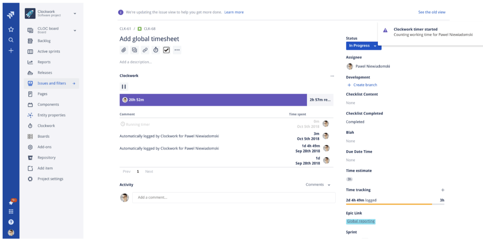 clockwork automated timesheet app for jira