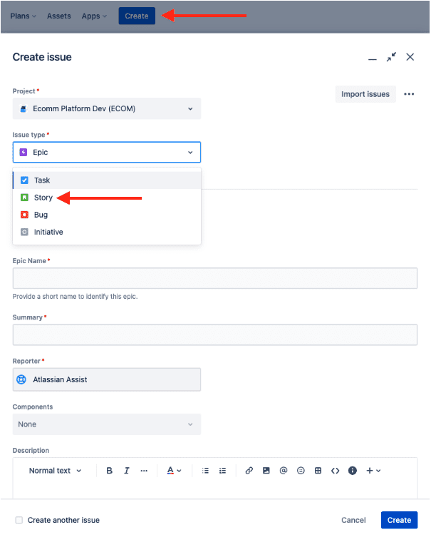 Create a new Jira user story 