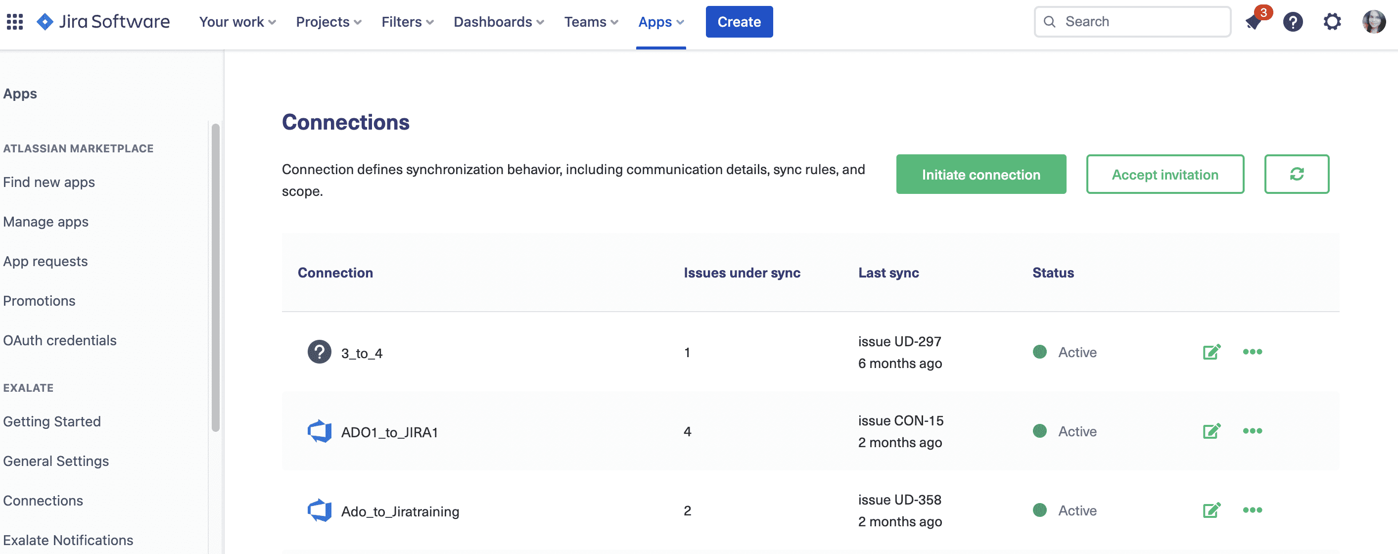Exalate for Jira Cloud - connections screen