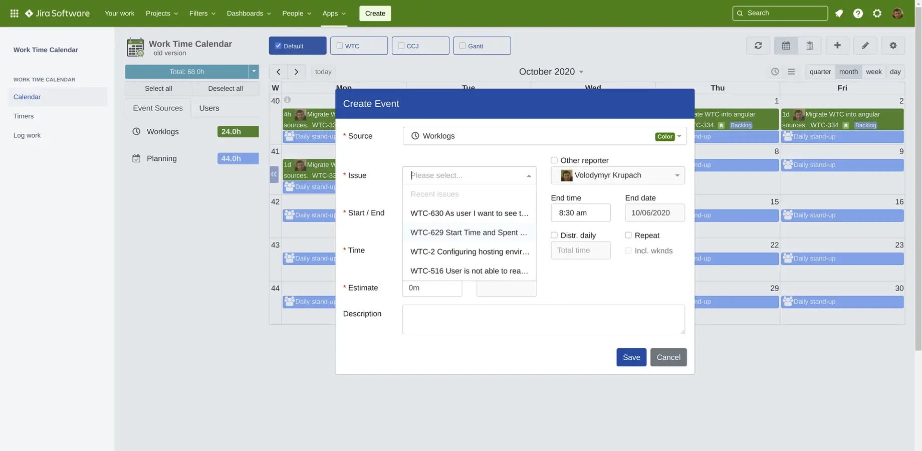 Jira work time calendar for time tracking