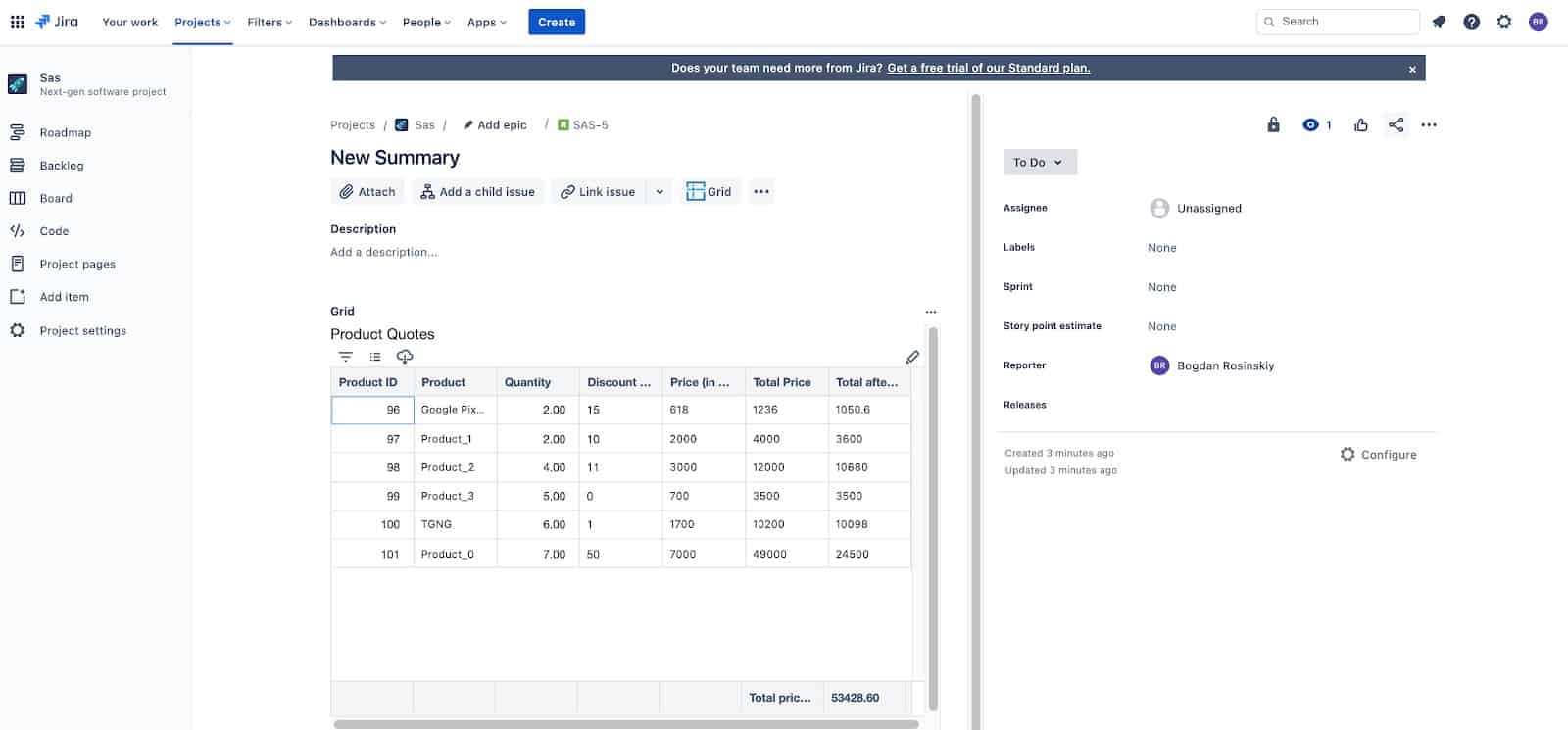 view grid on Jira issue