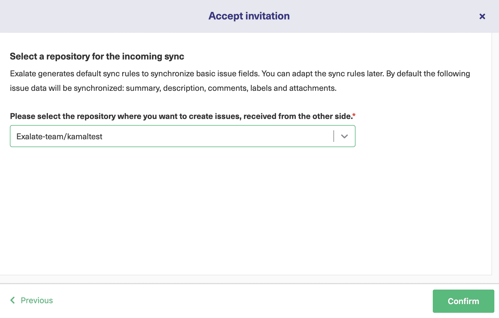 select a GitHub repository for an incoming sync 