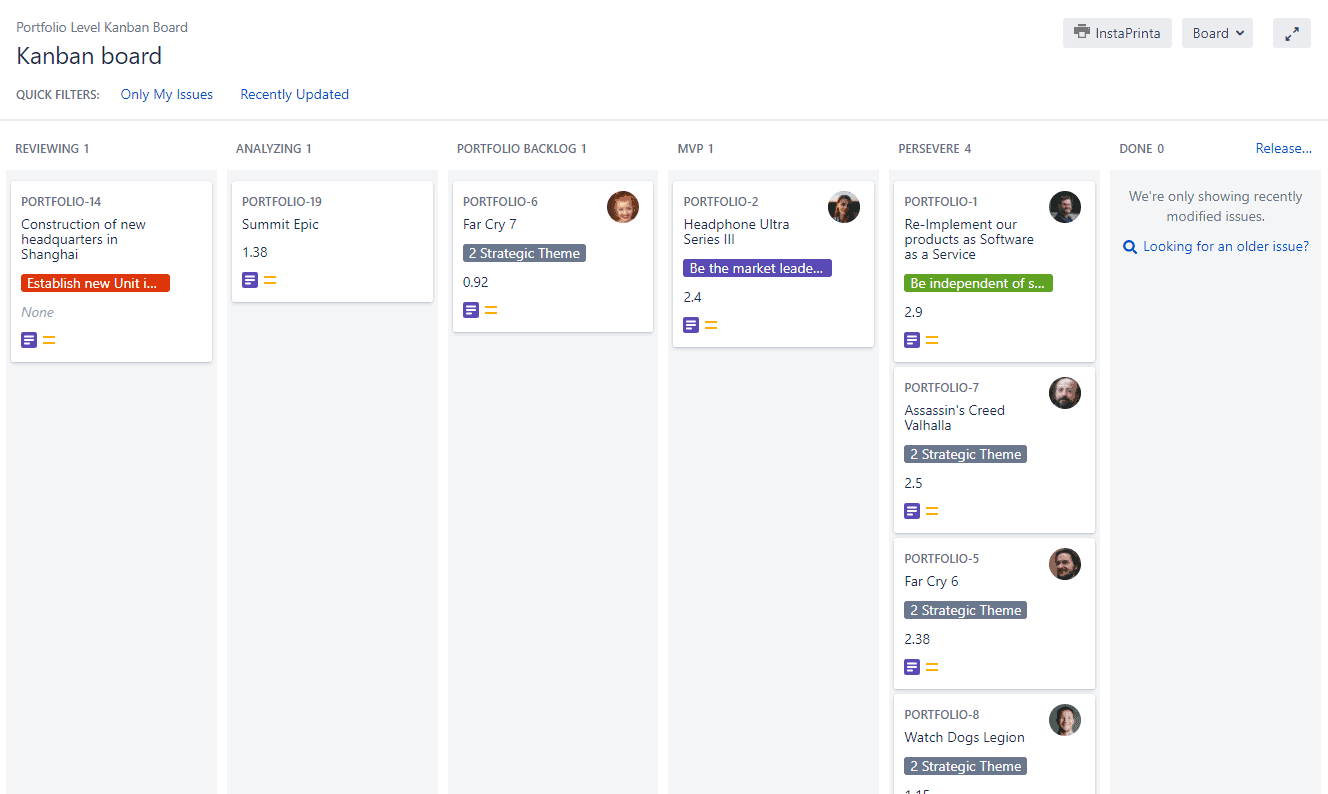 Portfolio Kanban Board in Agile Hive
