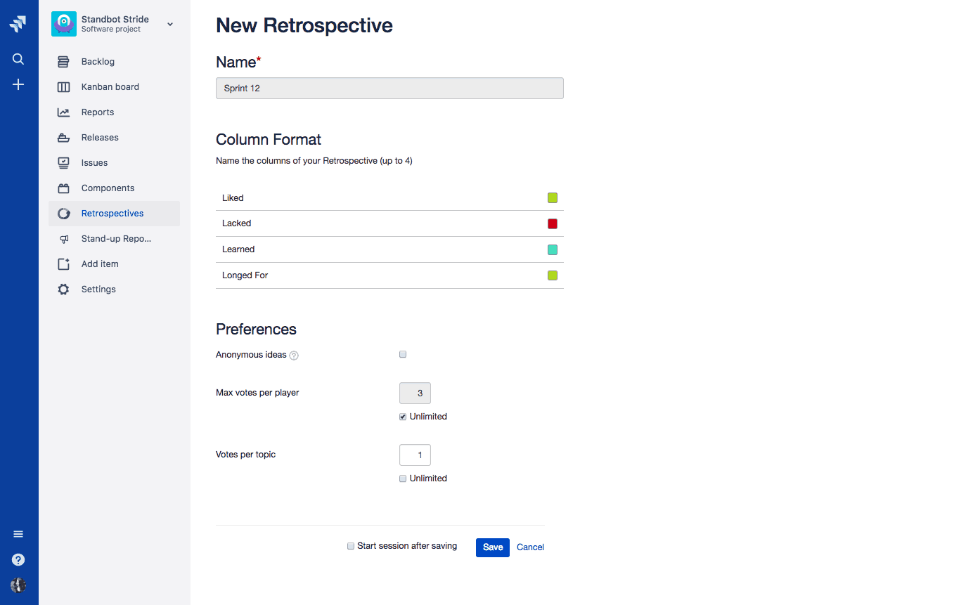Create a new agile retrospective in Jira
