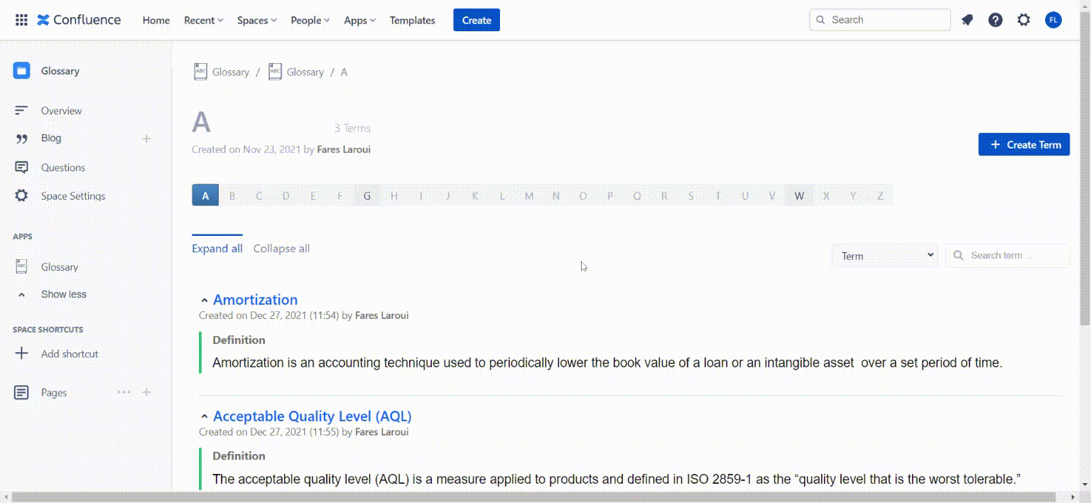 filter and search in glossary for confluence 