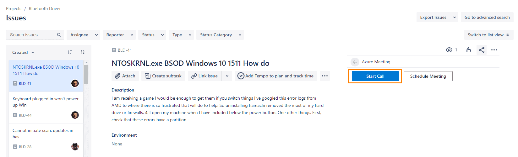start call in Azure communication services for jira 