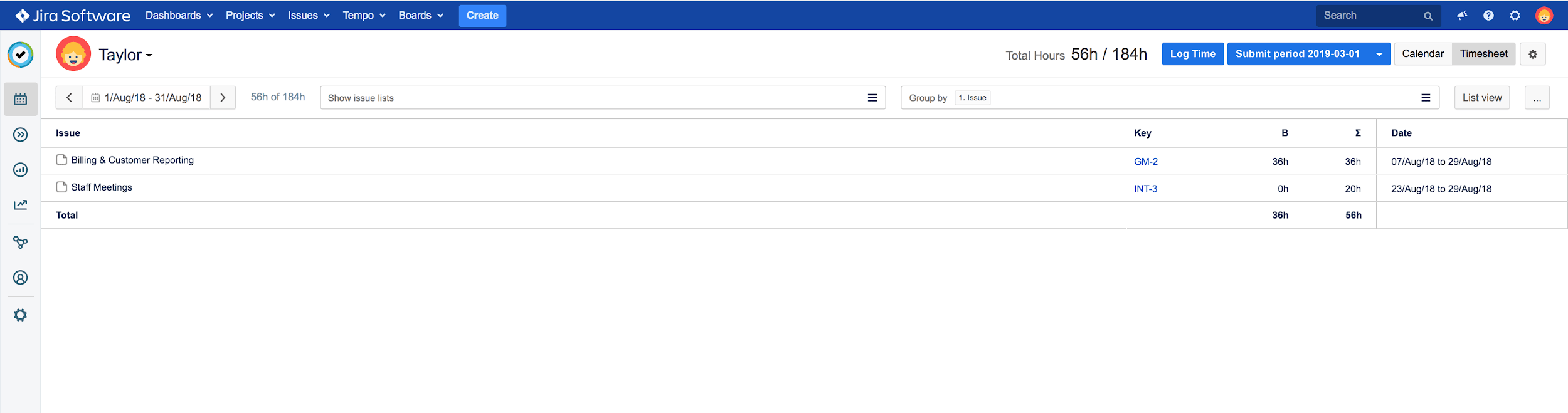 Timesheet view for Jira