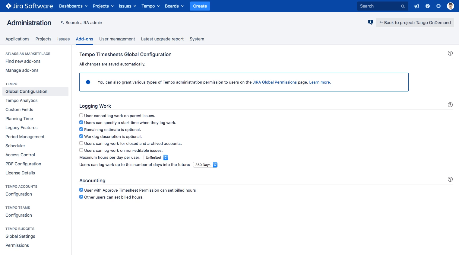 Adding billable time via Global Configuration jira