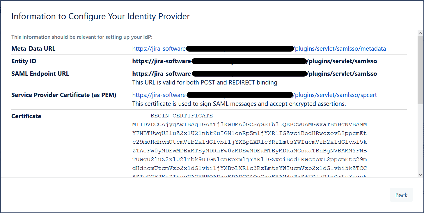 Jira SAML SSO service provider info 