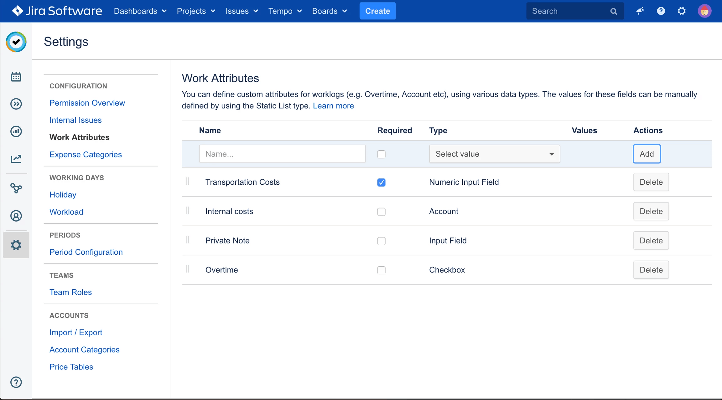 Using work attributes jira tempo