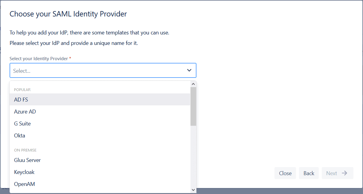 Choosing Identity Provider for SAML SSO for Jira 