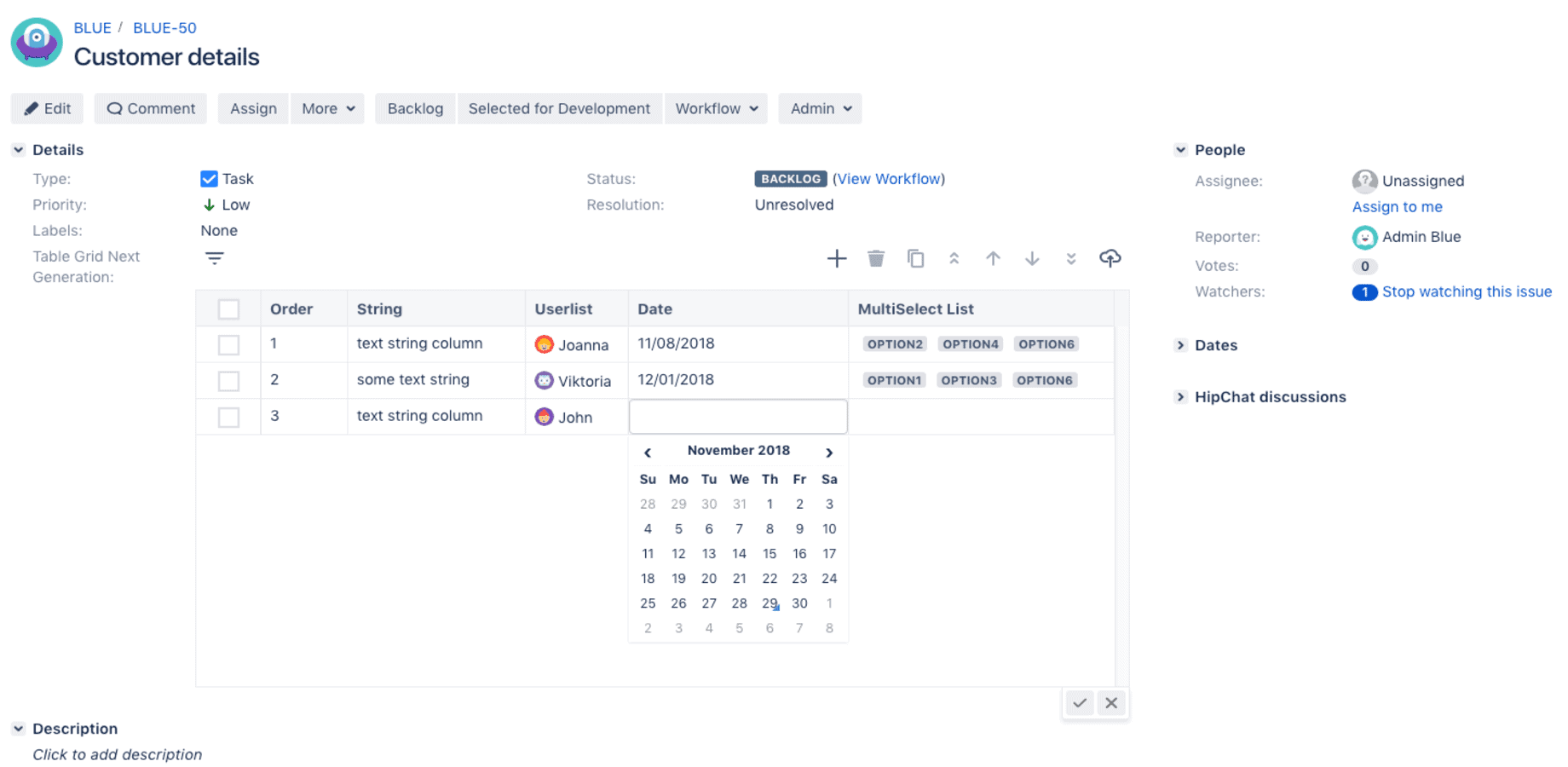 create tabels in jira 