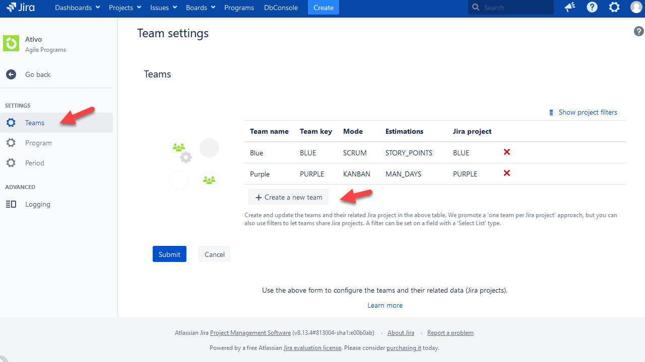 teams setting in safe for jira app