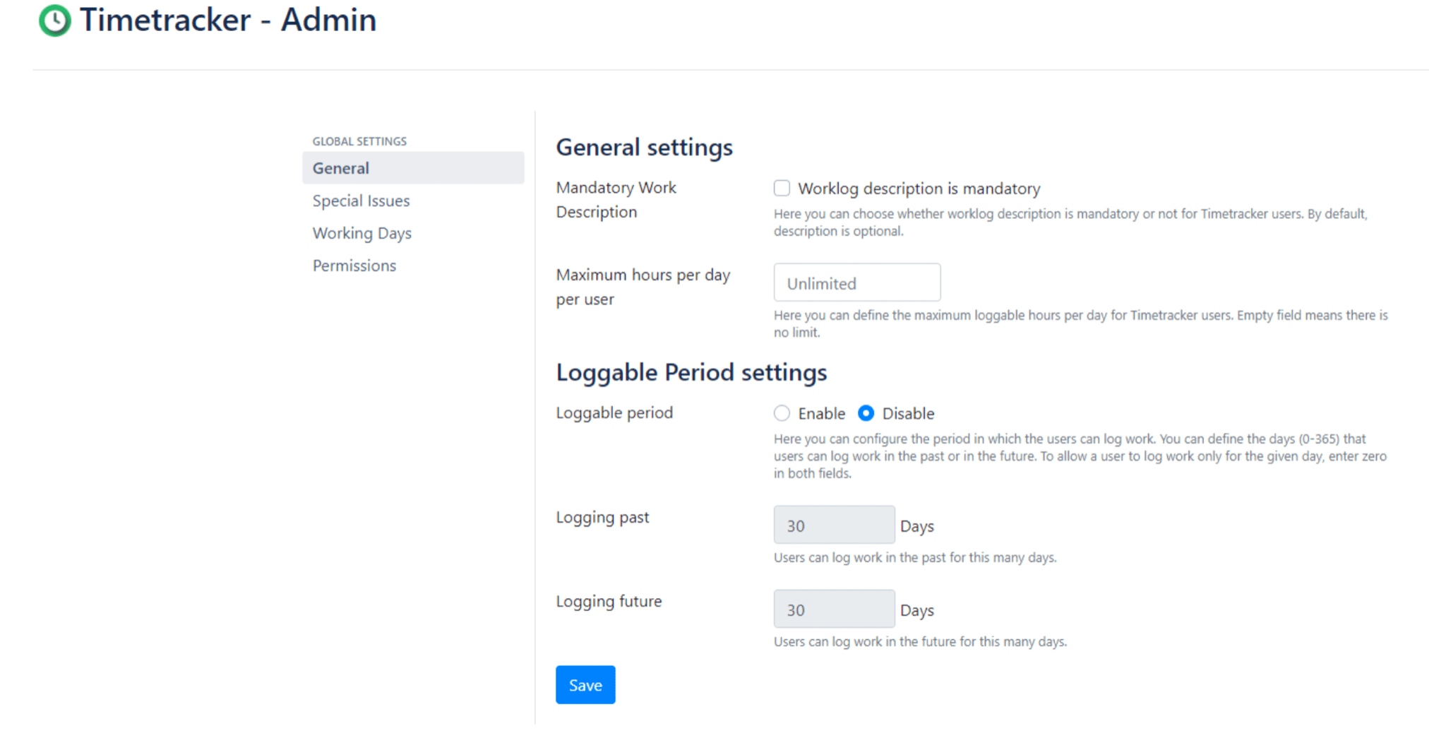 Jira Timetracker app settings 