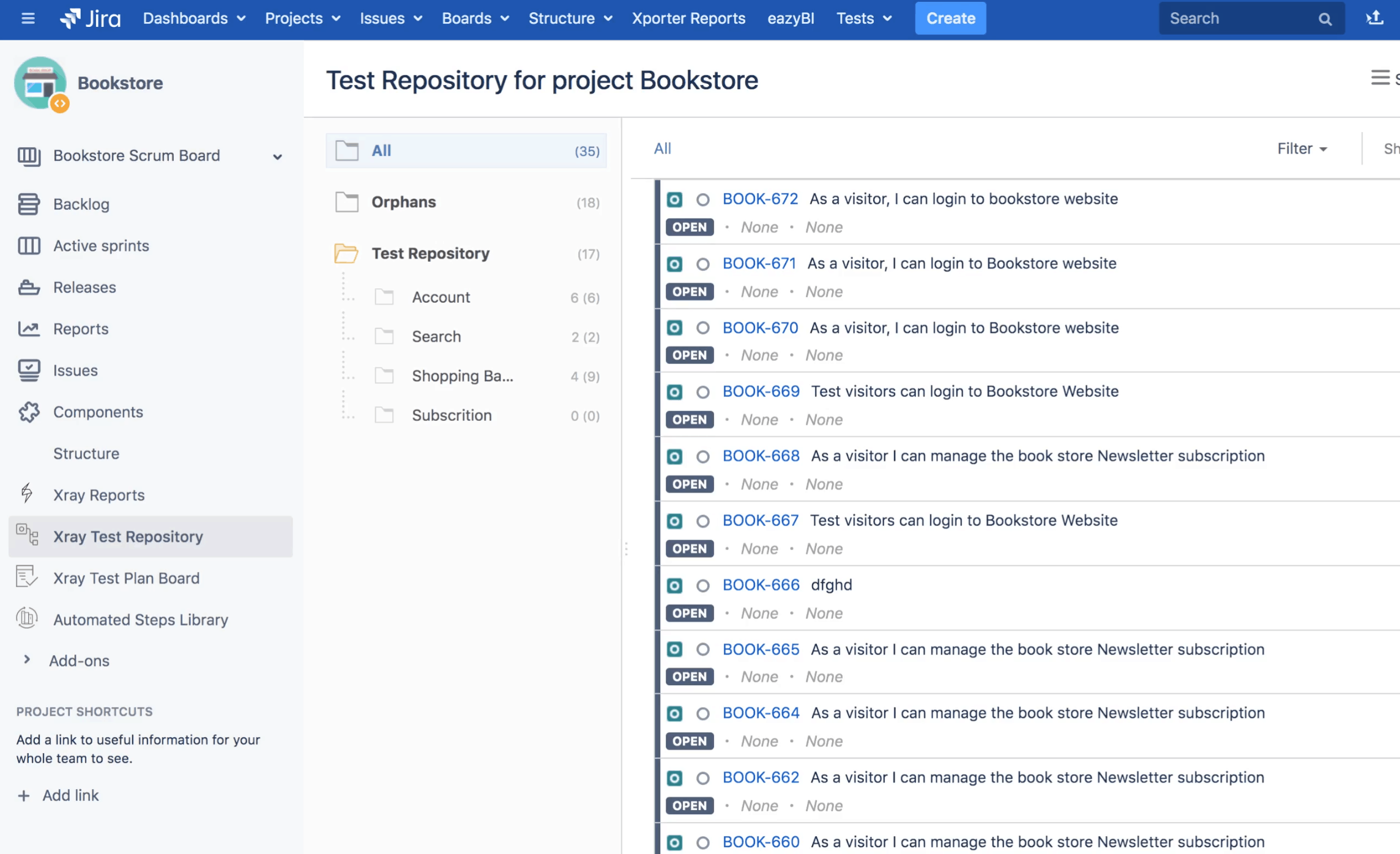 jira test repository with xray 