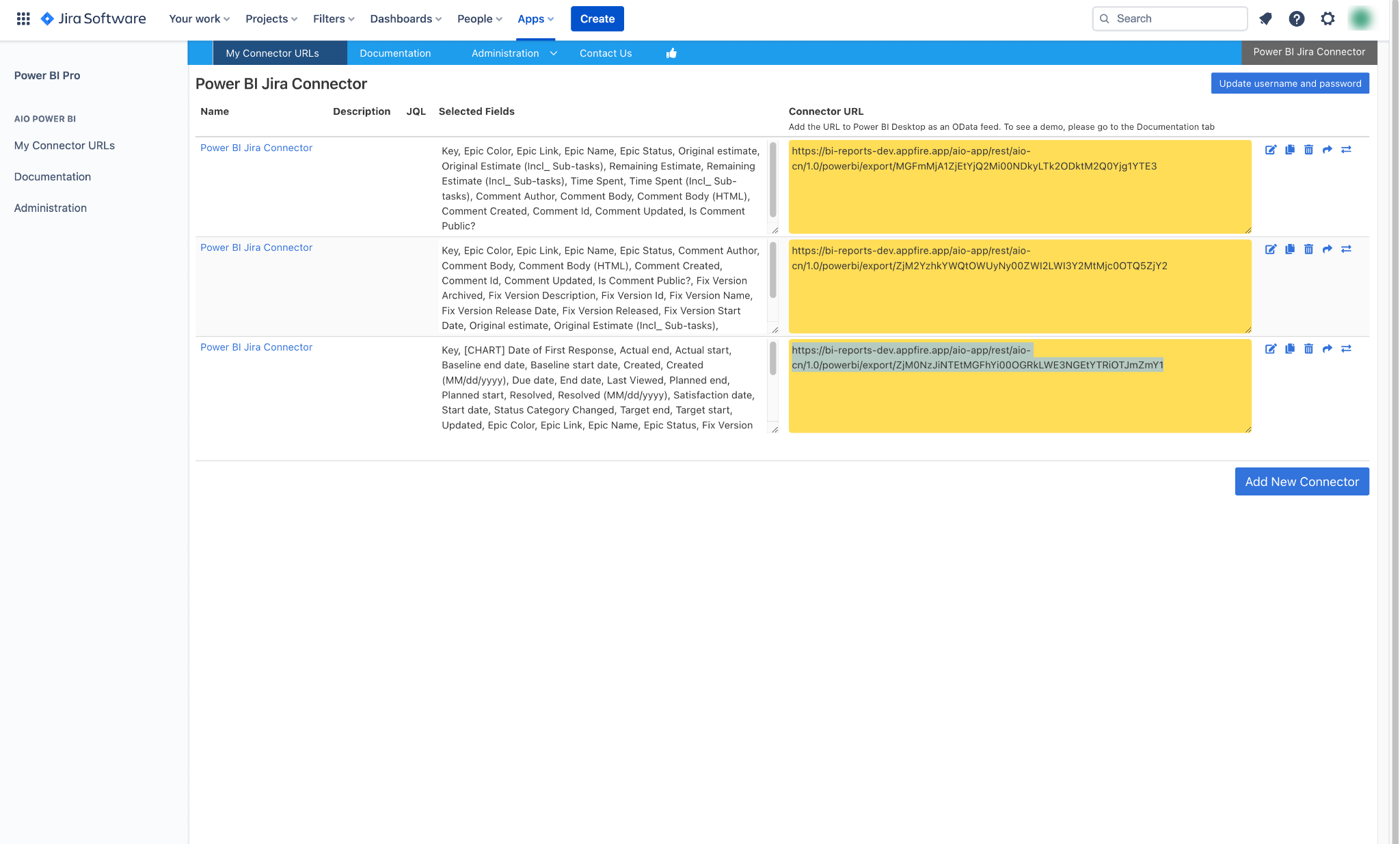 copy connector URL from Jira to Power BI Jira Connector