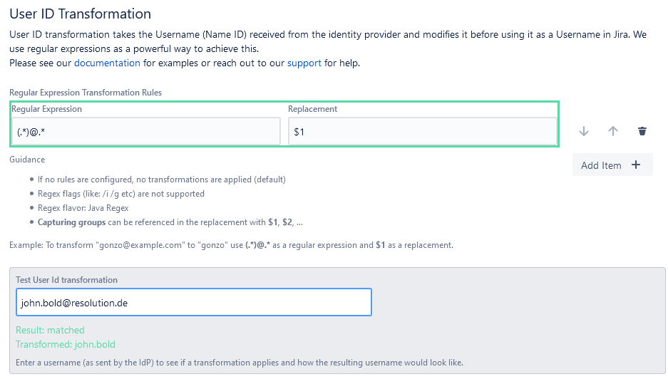 Jira SAML SSO user ID transformation 