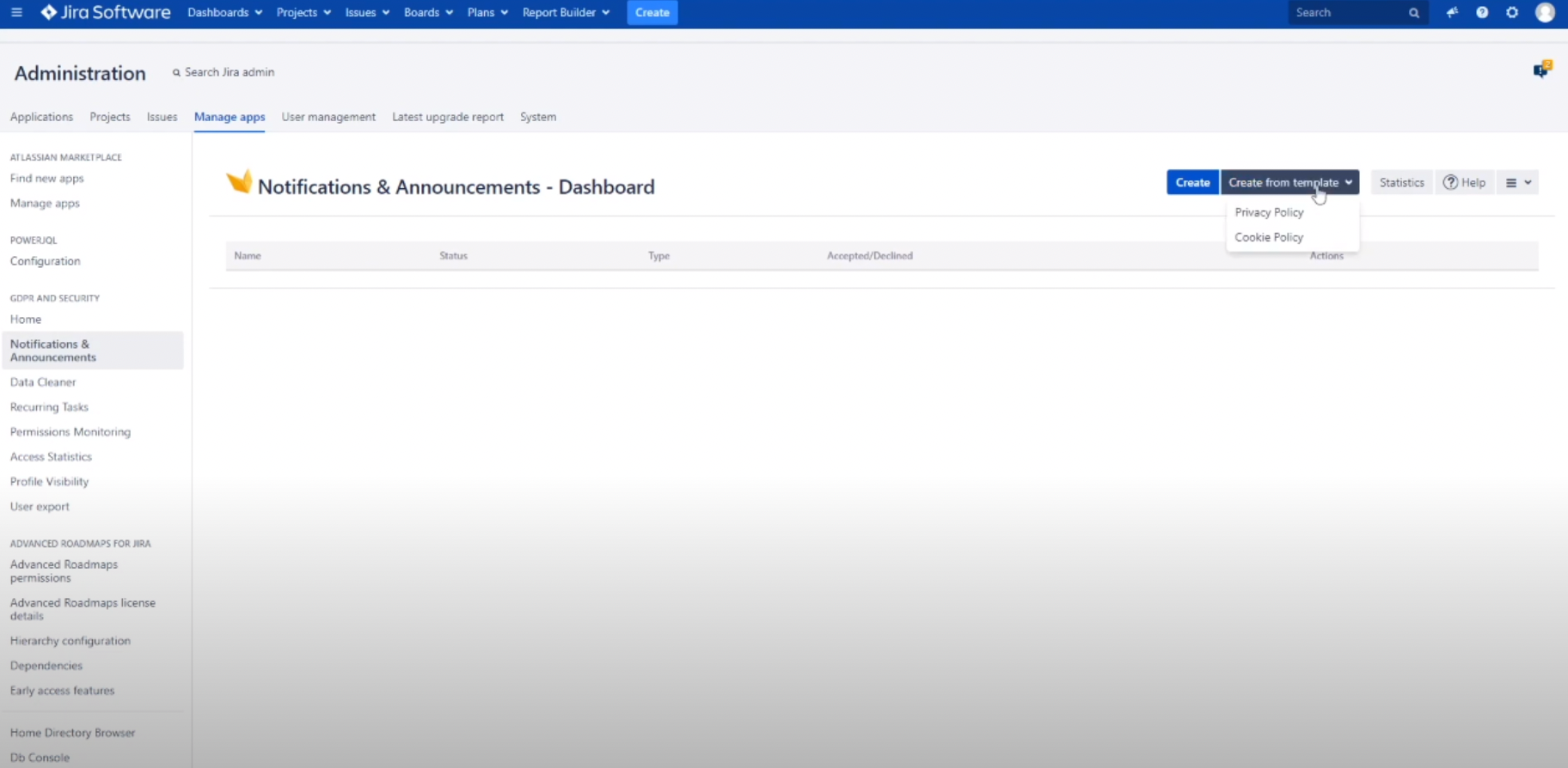 create from template gdpr app for jira