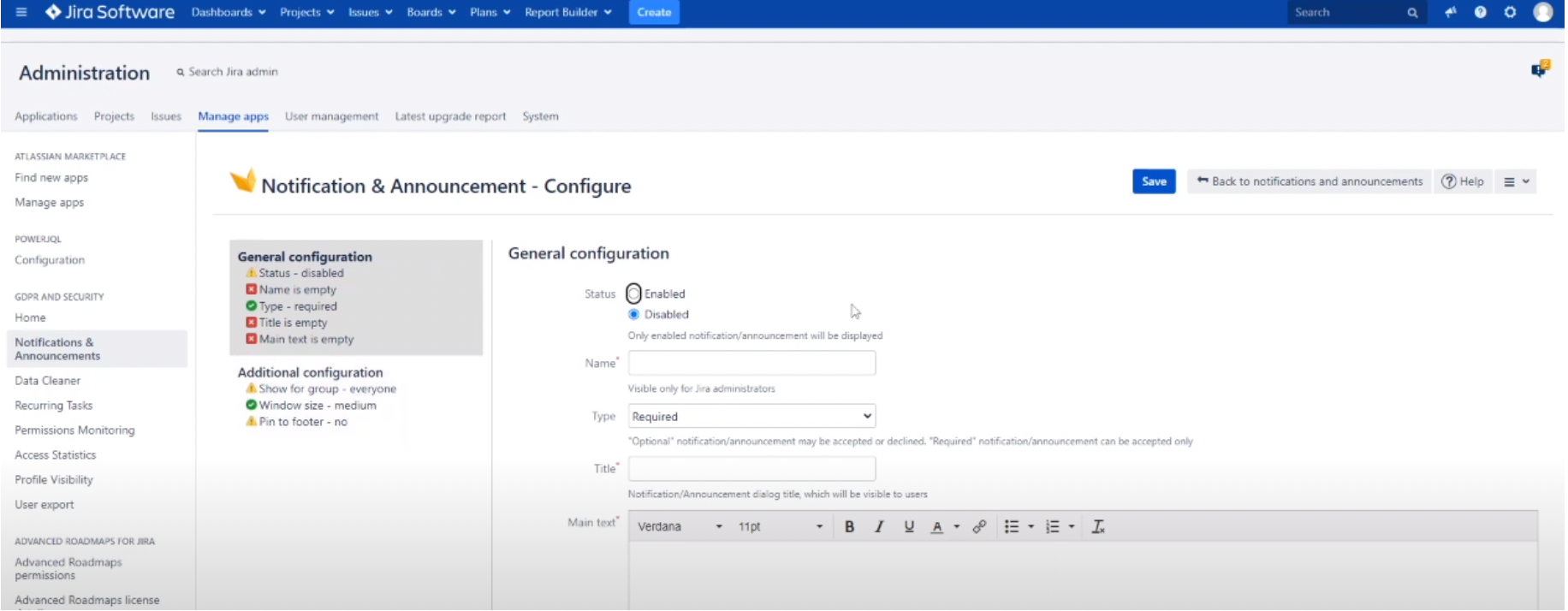 configure notifications for gdpr app