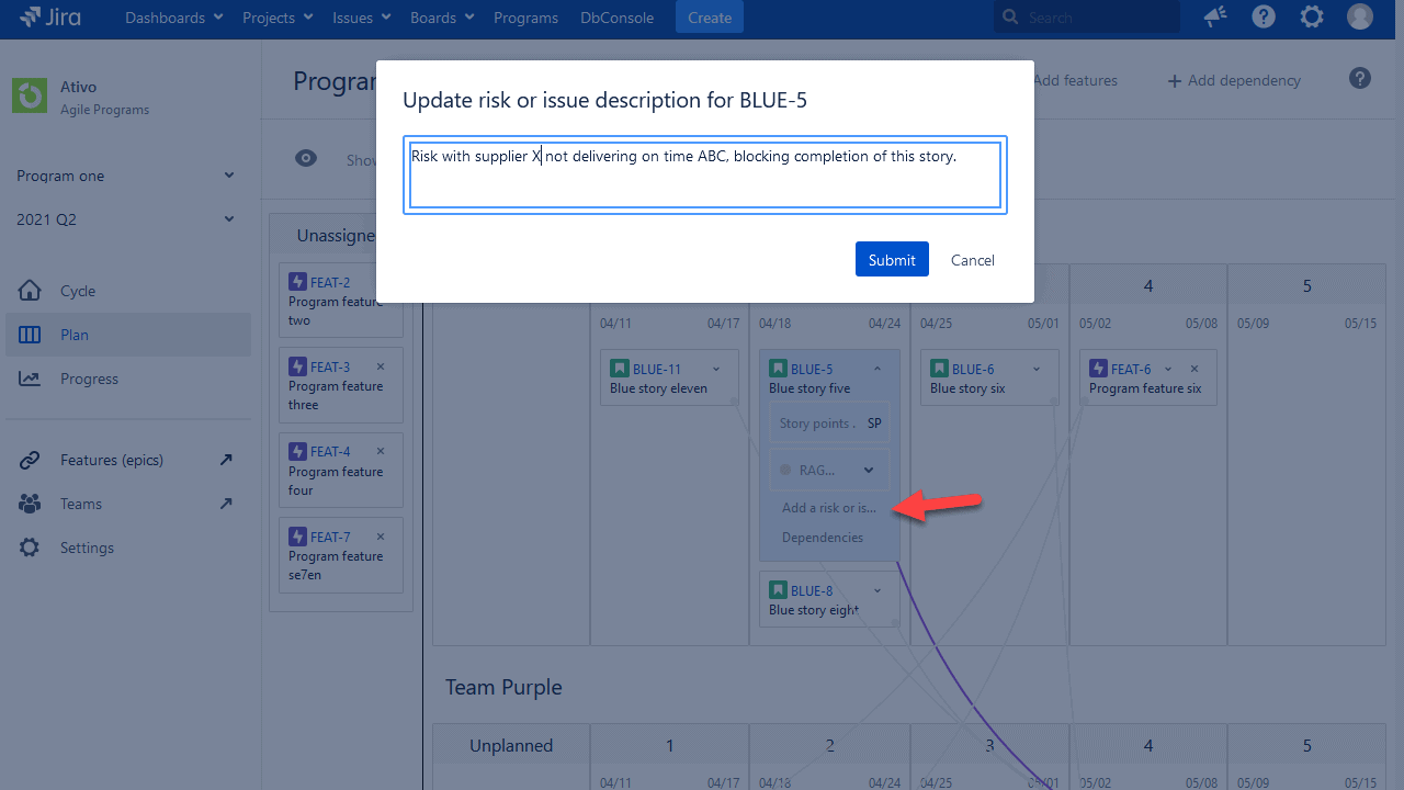 risk or issue description in jira app for safe 