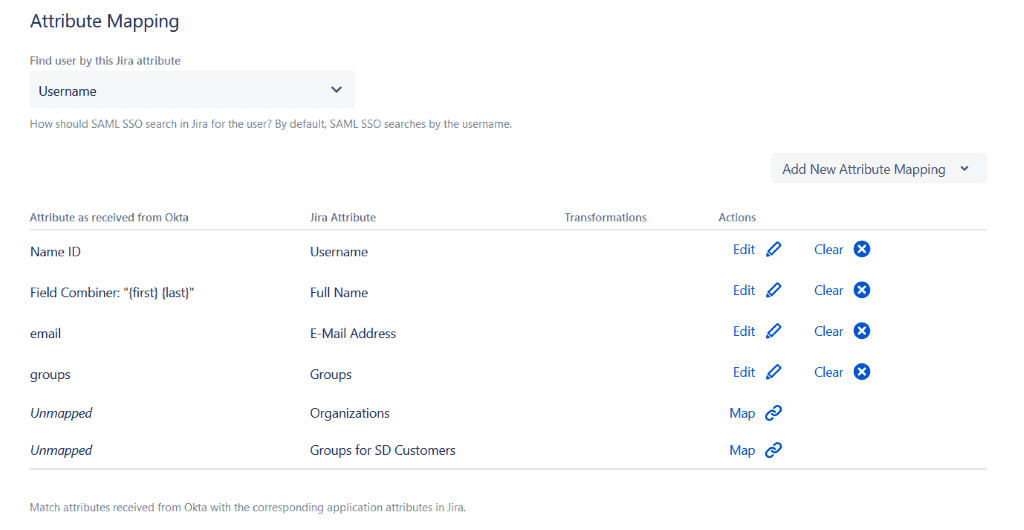Default attribute mapping SAML Single Sign On