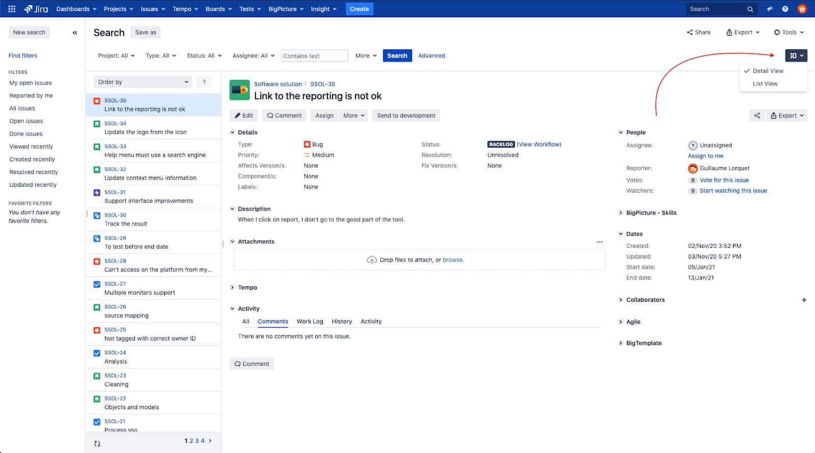 search detail view in Jira 