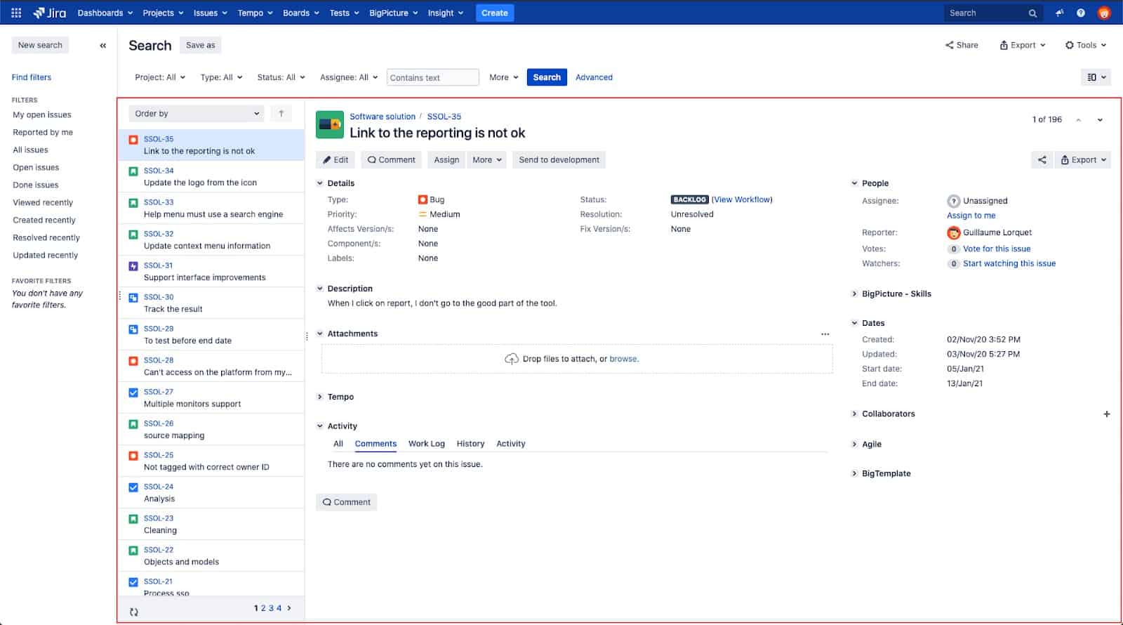 detail view in Jira 