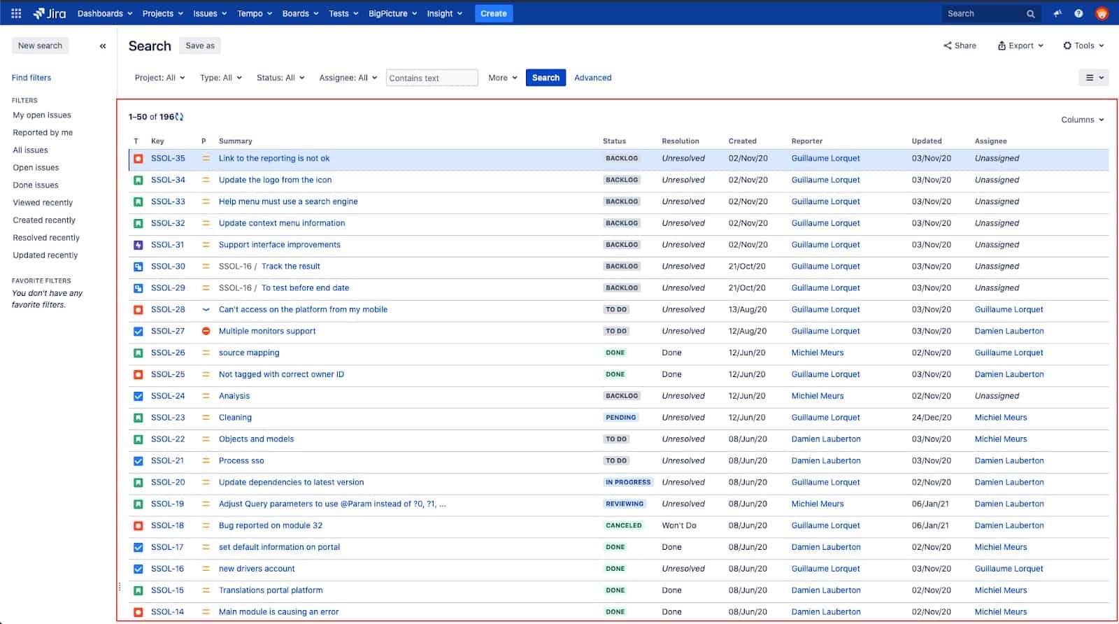 jira issue list view 