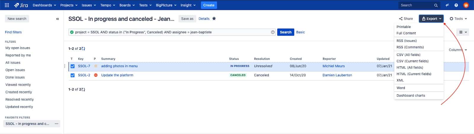 export jira filters result
