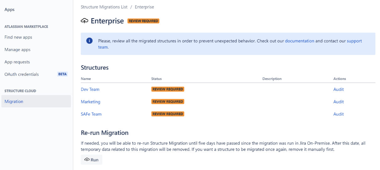 structure for jira migrations list