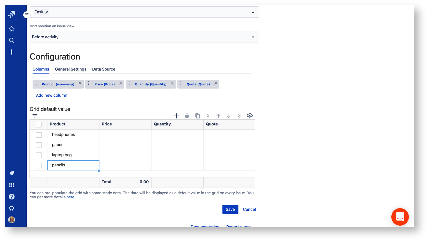 Adding static data in jira grid