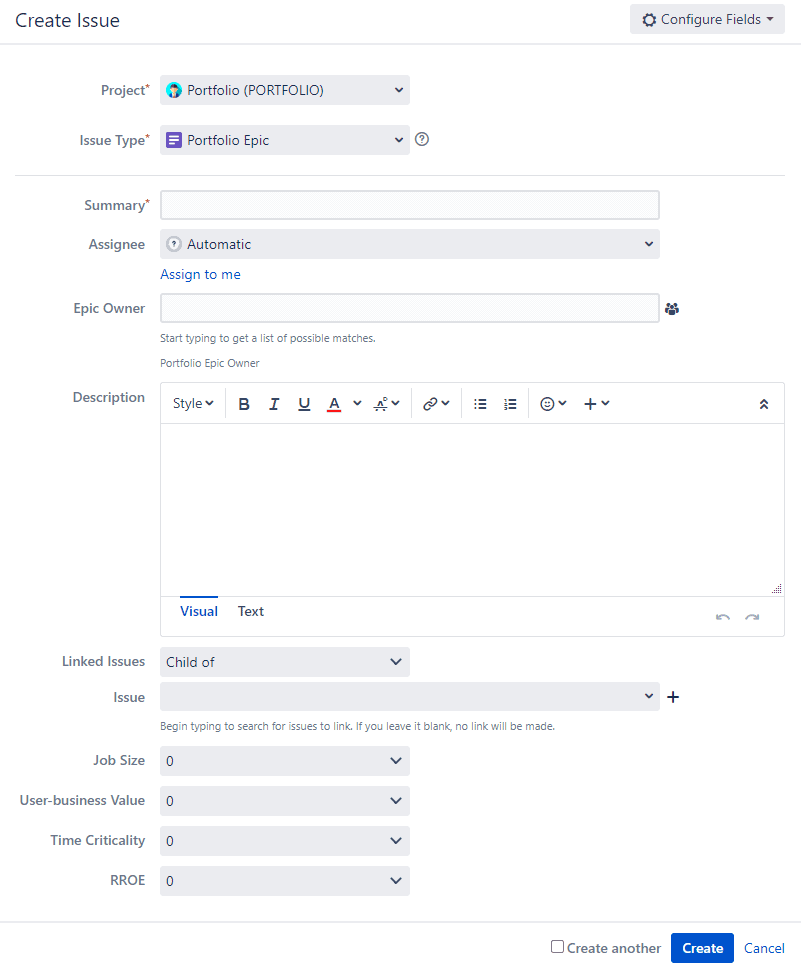 Portfolio Epic creation in Agile Hive
