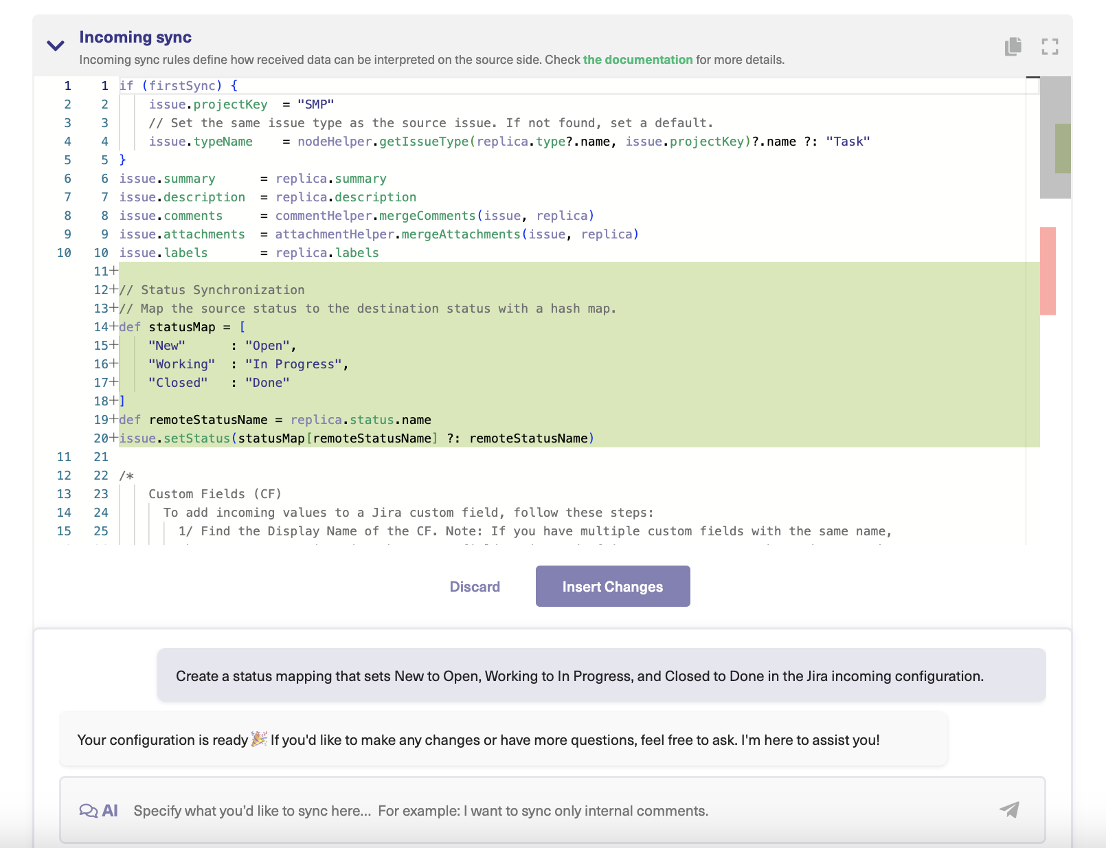 AI-assisted Jira ServiceNow integration rules